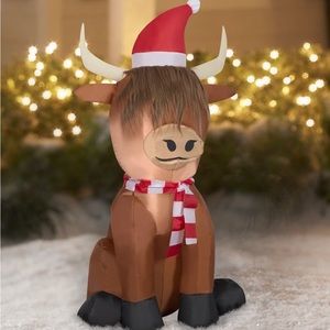 Holiday Time 3.5 Foot Scottish Highlander Cow in Santa Hat